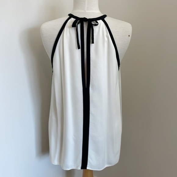 ZARA Woman, White with Black Trim High Neck Tie Back Top. Size L - Picture 3 of 9